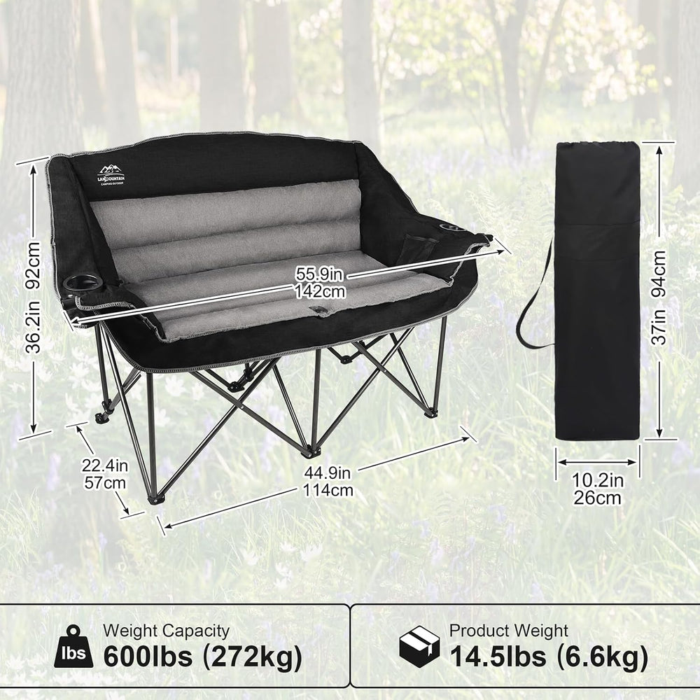 Fully Padded Folding Double Camping Chairs,Comfy Oversized Loveseat Lawn Chai...