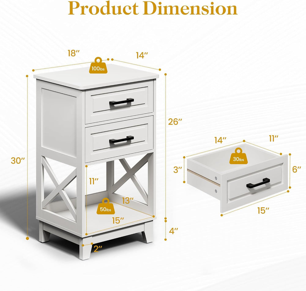 May in Color Nightstand with 2 Drawers, 30" Tall Beside Table for Bedroo...
