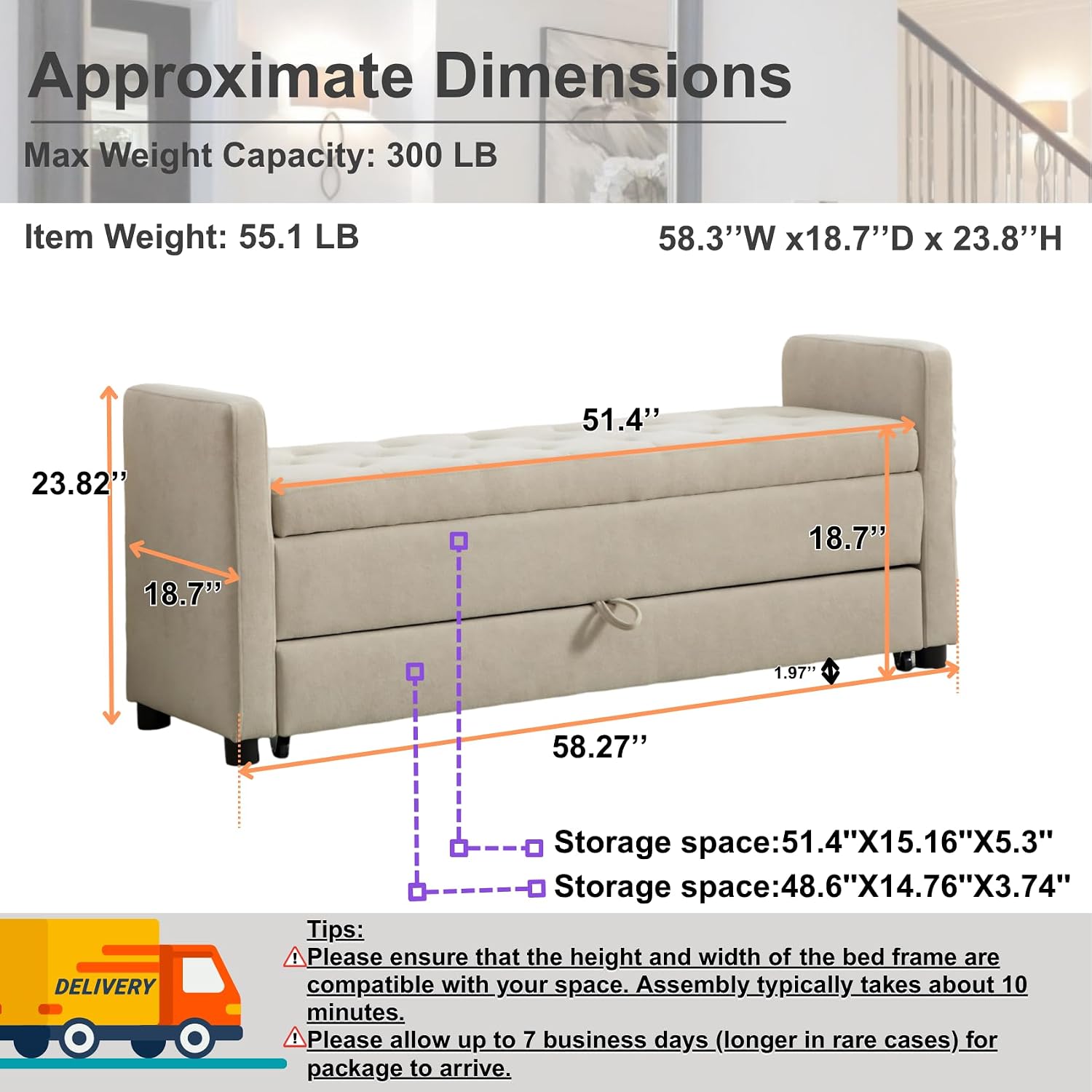 58.3" 2-Tier Storage Bench Upholstered with Drawer, Griege. | End of Bed Bench, 2-Tier Storage King Size Bench Upholstered for Bedroom, Cloakroom, Entryway, Hallway, Window.