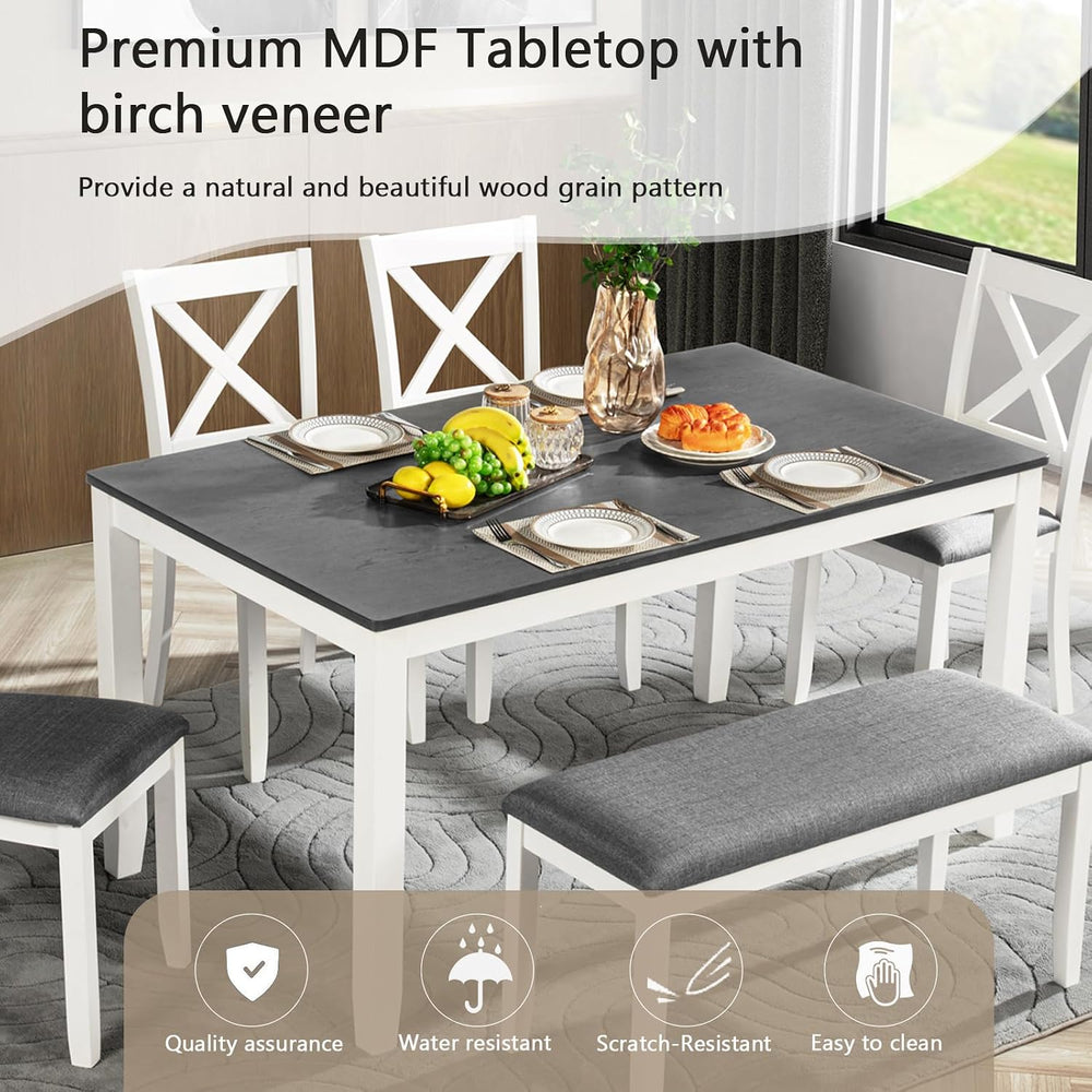 Merax 6-Piece Farmhouse Dining Table Set with Chairs and Bench, Wood Kitchen ...