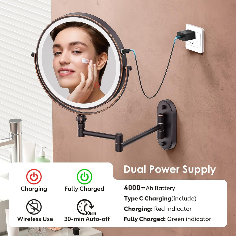 9" Wall Mounted Lighted Makeup Mirror,4000mAh Rechargeable Double Sided ...