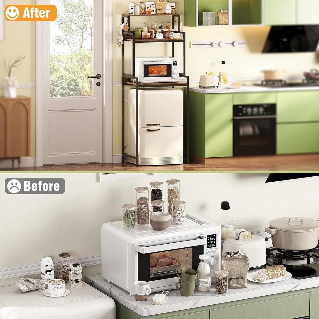 3-Tier Mini Fridge Stand Kitchen Bakers Rack with Adjustable Shelves, Freestanding Microwave Stand with Storage, Split Design Coffee Bar Shelf for Home Office Dorm (Rustic Brown, 25.6")
