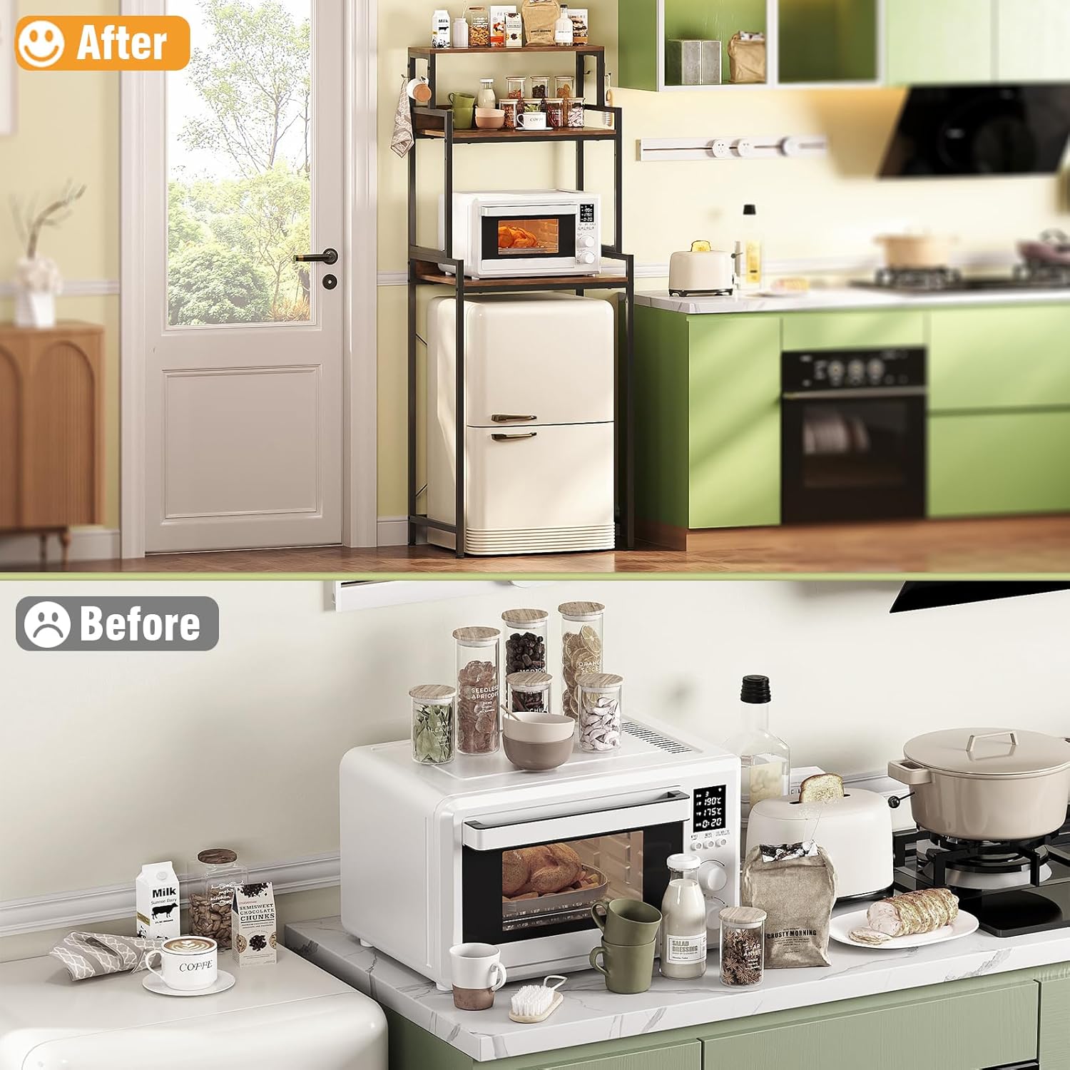 3-Tier Mini Fridge Stand Kitchen Bakers Rack with Adjustable Shelves, Freestanding Microwave Stand with Storage, Split Design Coffee Bar Shelf for Home Office Dorm (Rustic Brown, 25.6")