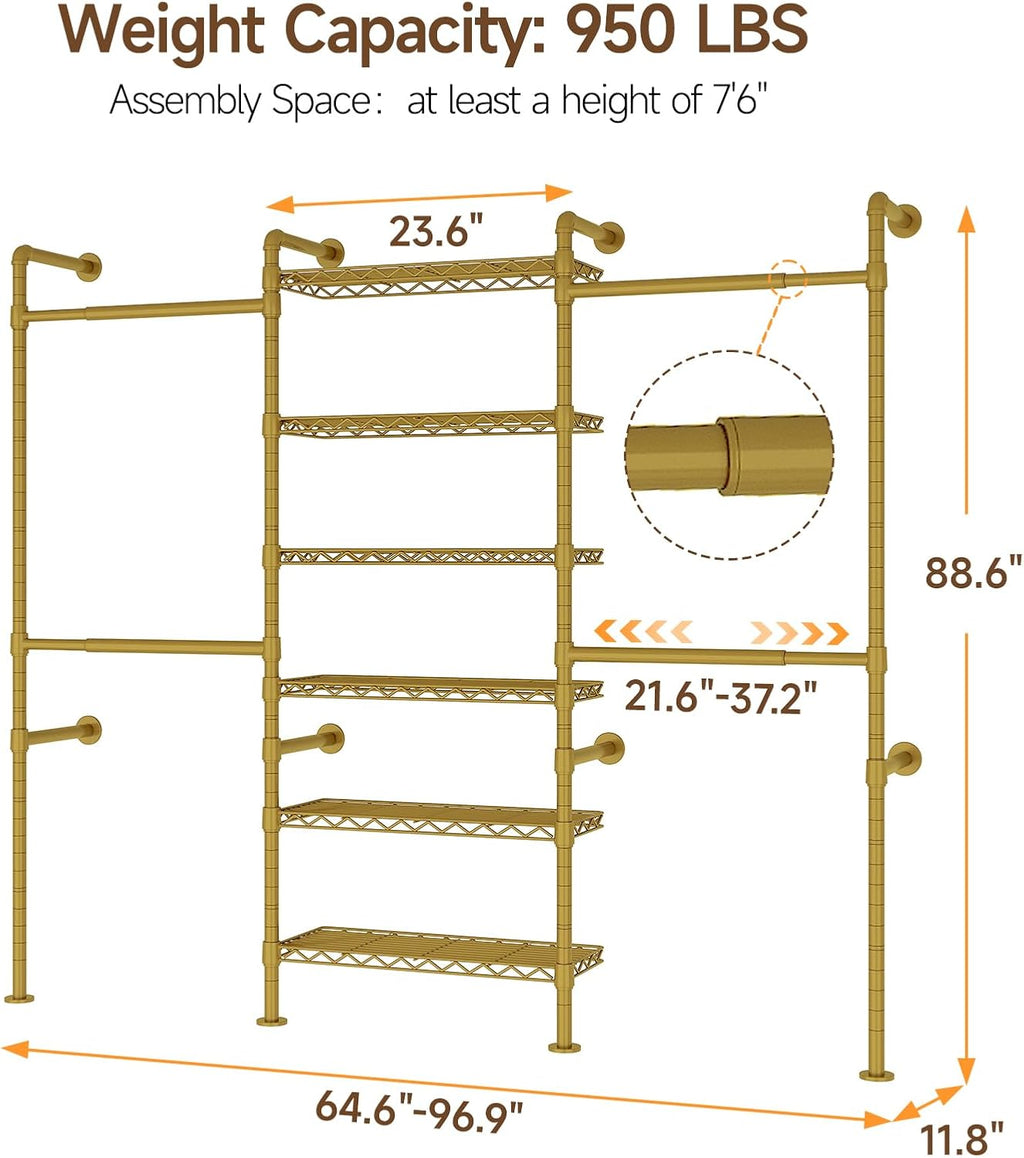 H3 Expandable Wall Mounted Closet System, 5.4FT-8.1FT Closet Organizer with 4 Telescopic Rods & 6 Wire Shelves, Industrial Pipe Clothing Rack for Walk-in & Reach-in Closet (Gold)