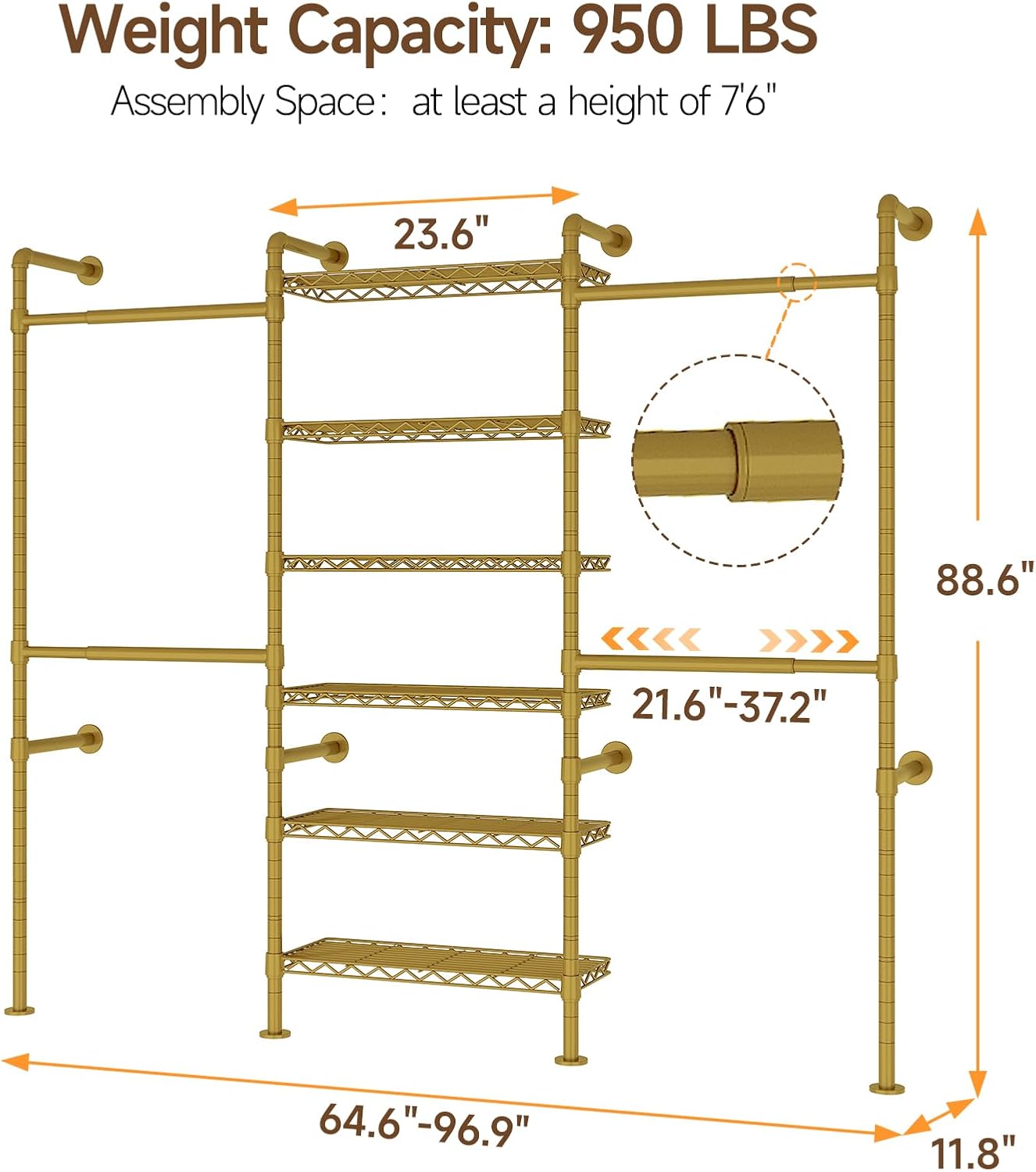 H3 Expandable Wall Mounted Closet System, 5.4FT-8.1FT Closet Organizer with 4 Telescopic Rods & 6 Wire Shelves, Industrial Pipe Clothing Rack for Walk-in & Reach-in Closet (Gold)