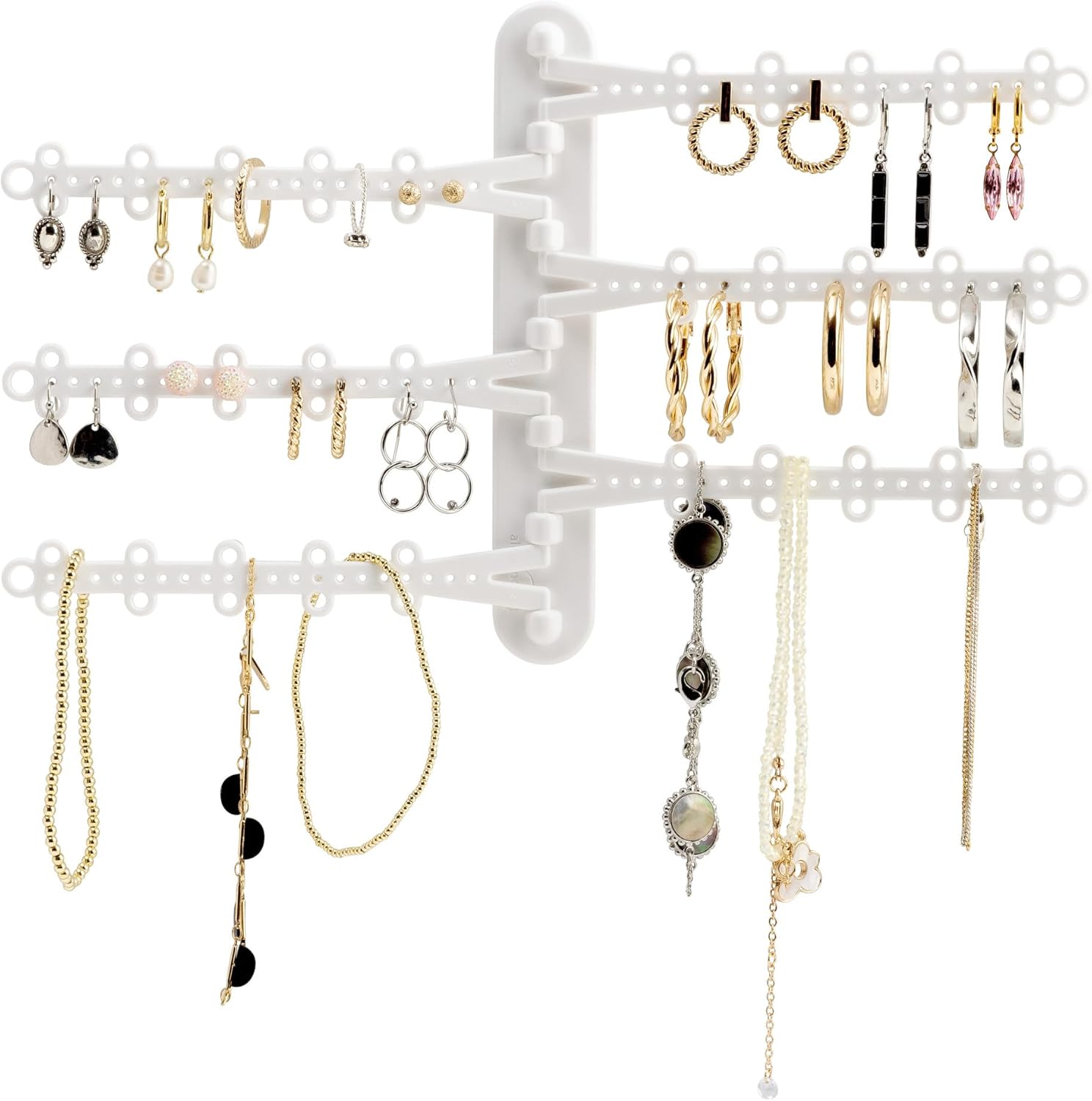 All Hung Up 6-Tier Wall Jewelry Organizer–Jewelry Holder for Necklaces, Earrings, Rings & Bracelets, Rotating Branches Wall Mounted Jewelry Organizer 120 Earring Holes, No-Drill Installation (White)