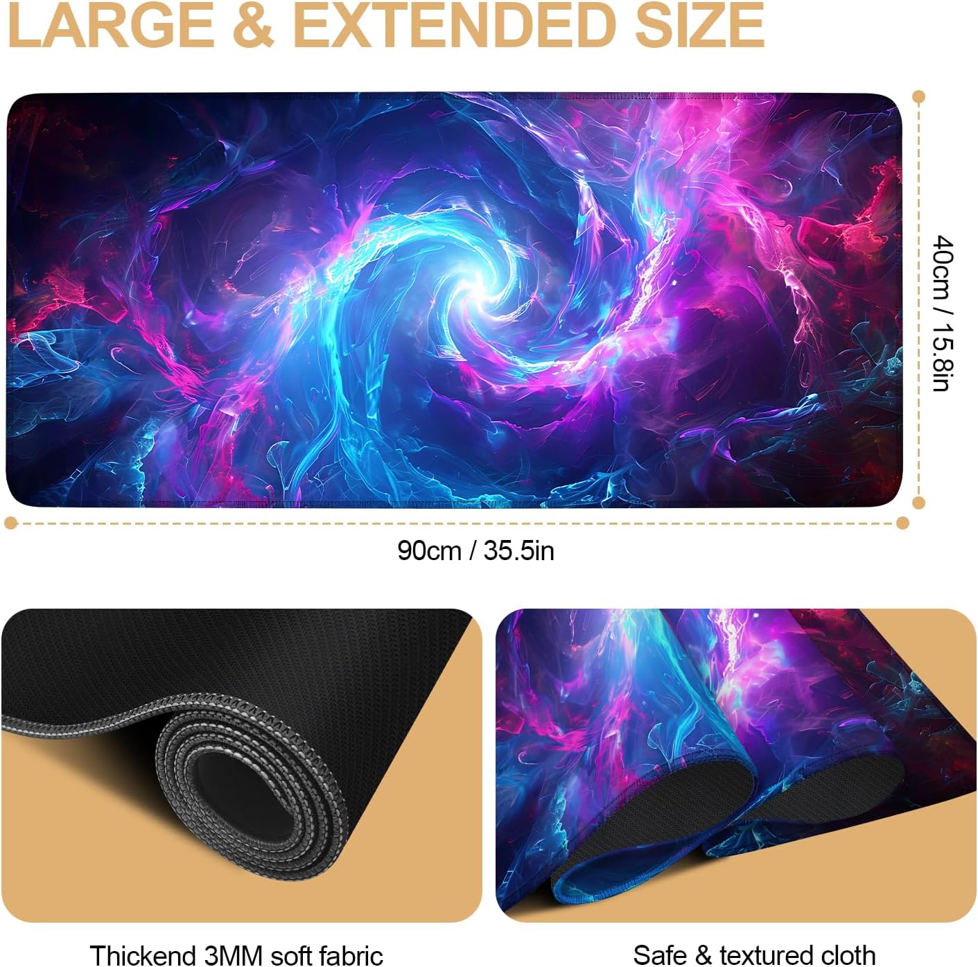 Large Mouse Pad, Cosmic Swirl Desk Mat, Extended Gaming Mouse Pad with Non-Slip Rubber Base, Thick 3mm Smooth Surface Keyboard Mat for Office & Home,35.5 x 15.8 in