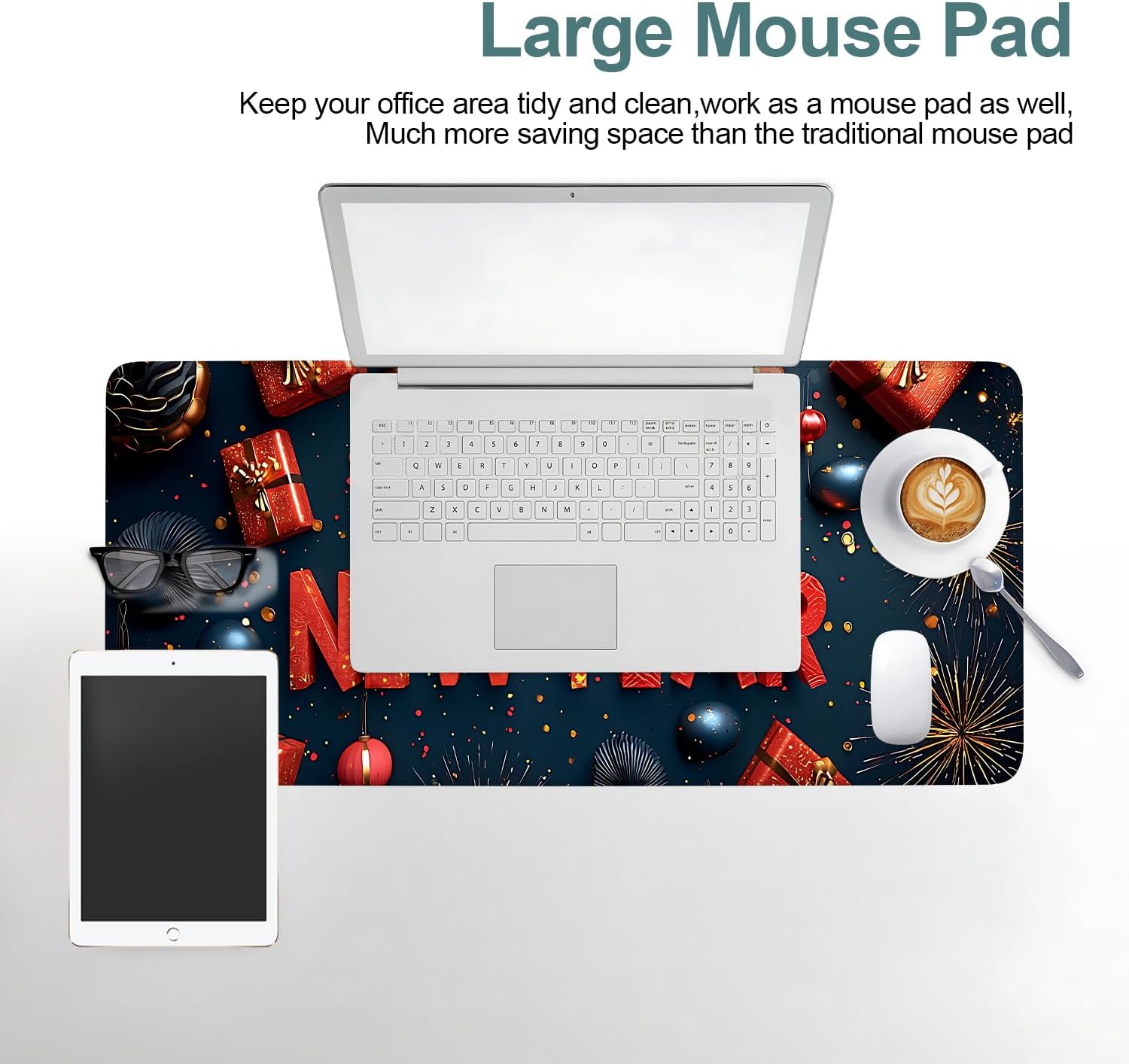 Happy New Year Gaming Mouse Pad 31.5"x11.8"Desk Mat Anti-Slip Rubber Base & Durable Stitched Edges for Gamers Smooth Mouse Writing Surface for Desk Office/Home