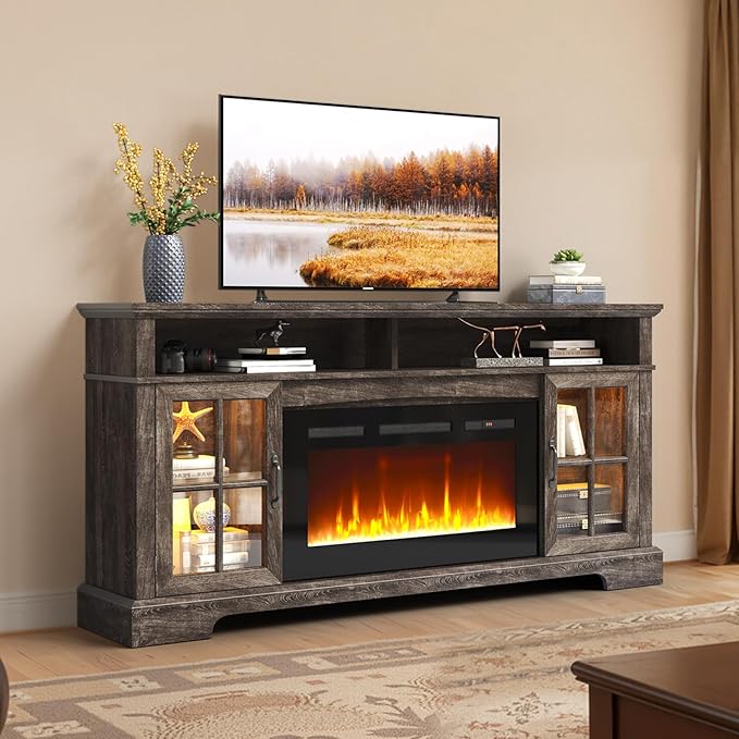70" TV Stand with Electric Fireplace, Modern Entertainment Center for TVs Up to 80 Inches, Farmhouse Media Console with Storage Cabinets & Doors for Living Room, Gray and Black