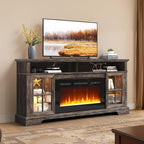 70" TV Stand with Electric Fireplace, Modern Entertainment Center for TVs Up to 80 Inches, Farmhouse Media Console with Storage Cabinets & Doors for Living Room, Gray and Black