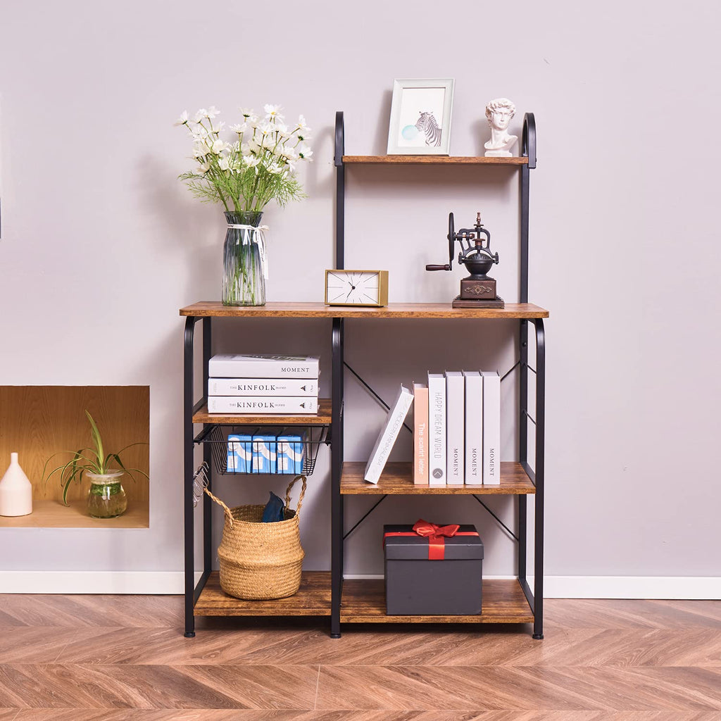 Excited Work Kitchen Baker's Rack Utility Storage Shelf Microwave Oven Stand 3-Tier+4-Tier Coffee Bar Table with Wire Basket and 5 S-Shape Hooksfor Spice Rack, Metal Frame, Black