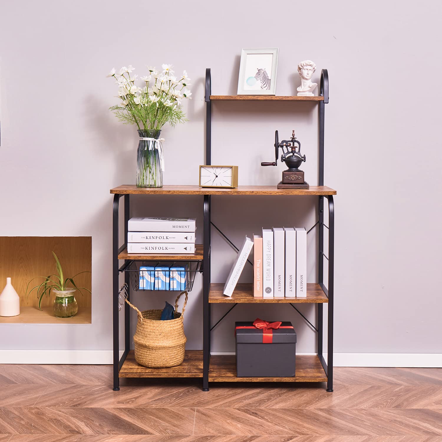 Excited Work Kitchen Baker's Rack Utility Storage Shelf Microwave Oven Stand 3-Tier+4-Tier Coffee Bar Table with Wire Basket and 5 S-Shape Hooksfor Spice Rack, Metal Frame, Black