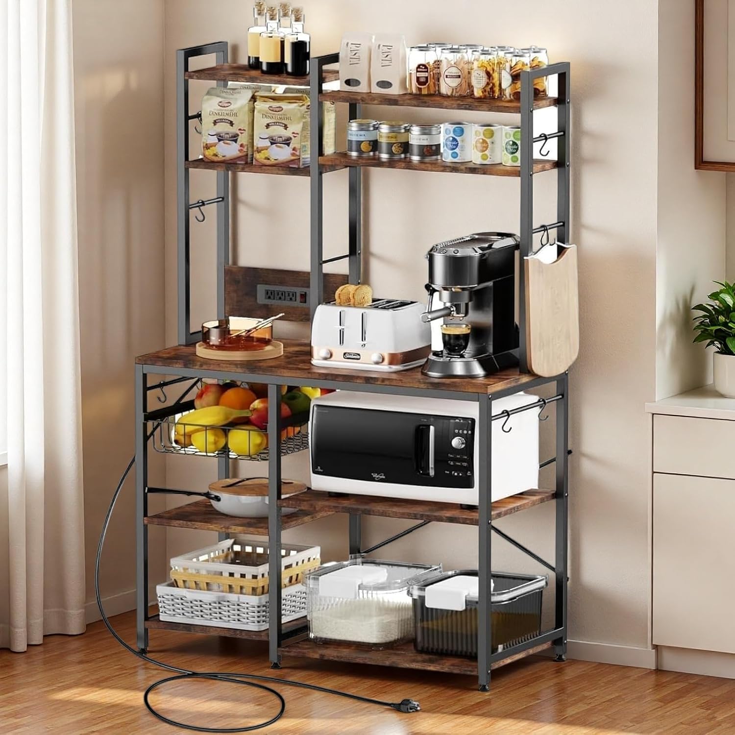 Luckyeestar Bakers Rack with Power Outlet - 6 Tier Microwave Stand with Storage, 35.4 inches Kitchen Shelf with Wire Basket and 12 S Hooks,Coffee Bar Shelf, Adjustable Feet, Rustic Brown Cabinet