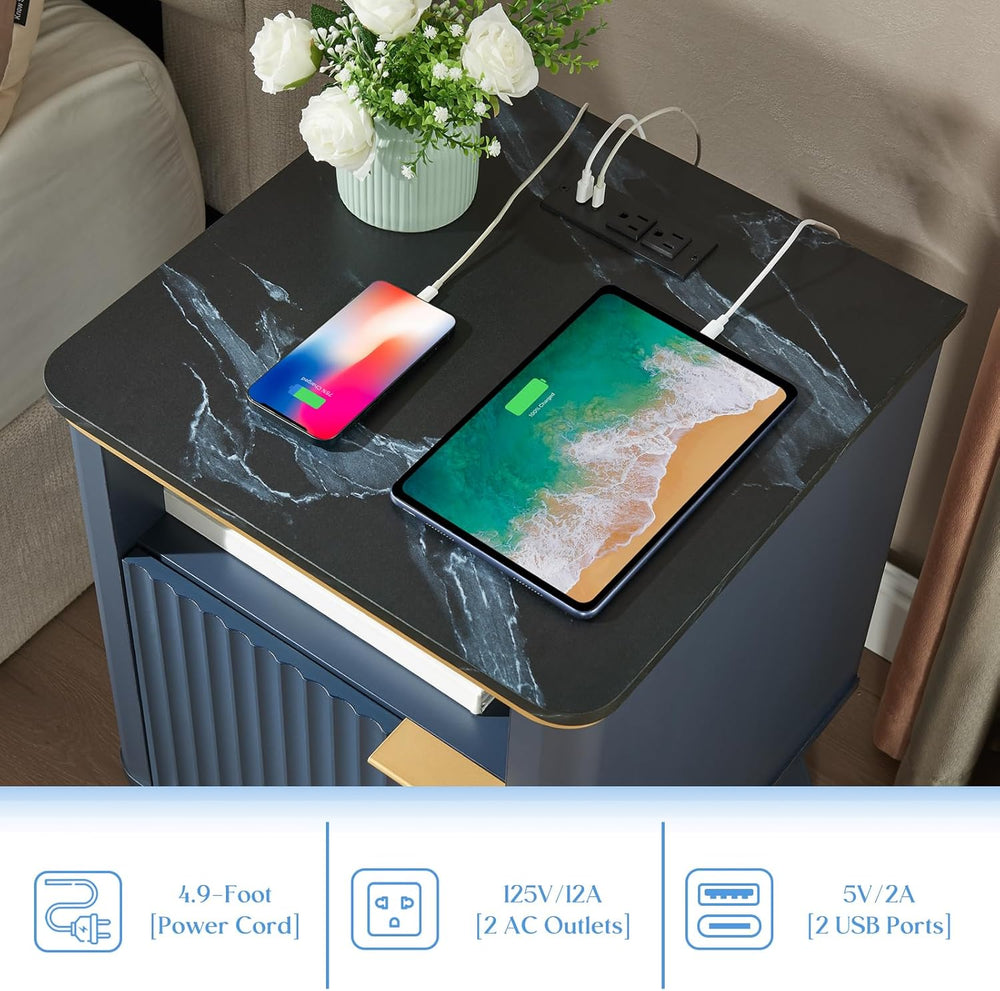 QUW Fluted Nightstands Set of 2 with Charging Station, 18" Modern Side T...