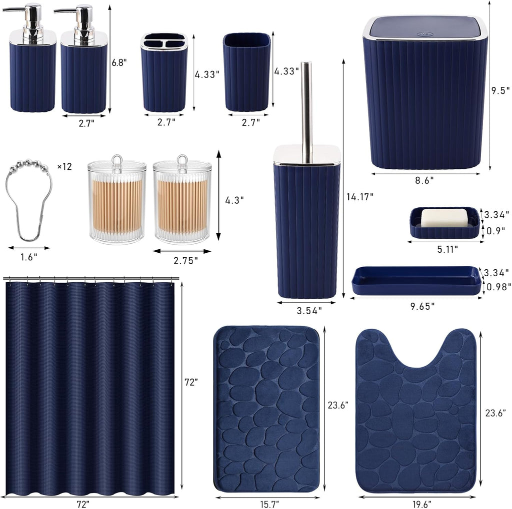 Bathroom Set with Shower Curtain and Rugs- 25PC Bathroom Accessory Set, Navy Blue Shower Curtain Set, Toilet Brush, Trash Can, Qtip Holder Dispenser & Soap Dispenser