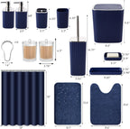 Bathroom Set with Shower Curtain and Rugs- 25PC Bathroom Accessory Set, Navy Blue Shower Curtain Set, Toilet Brush, Trash Can, Qtip Holder Dispenser & Soap Dispenser