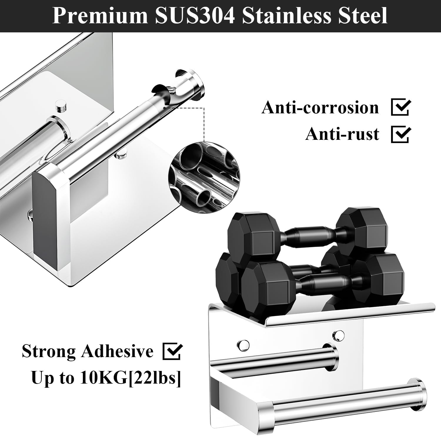 Tindbea Toilet Paper Holder with Phone Shelf, Adhesive or Screw Wall Mount Toilet Tissue Roll Holder, Rustproof & Multifunctional Stainless Steel Bathroom Storage Dispenser (Polished Chrome)