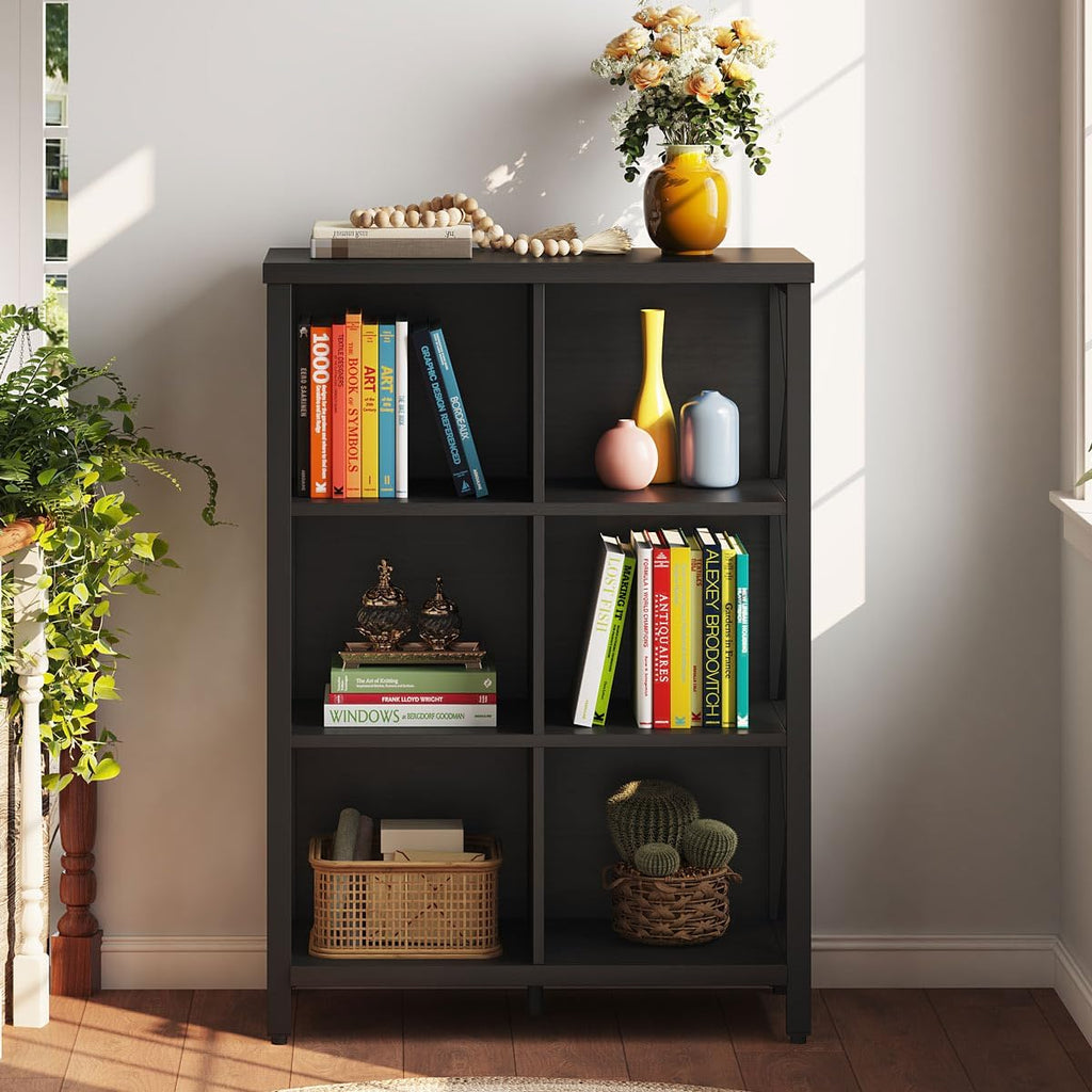 6 Cube Storage Organizer with Storage, 41.54 Inch Hight Modern 4-Tier Bookshelf with X-Shaped Metal Frame, Black Wood Bookcase for Living Room, Home Office, Bedroom, Easy Assembly