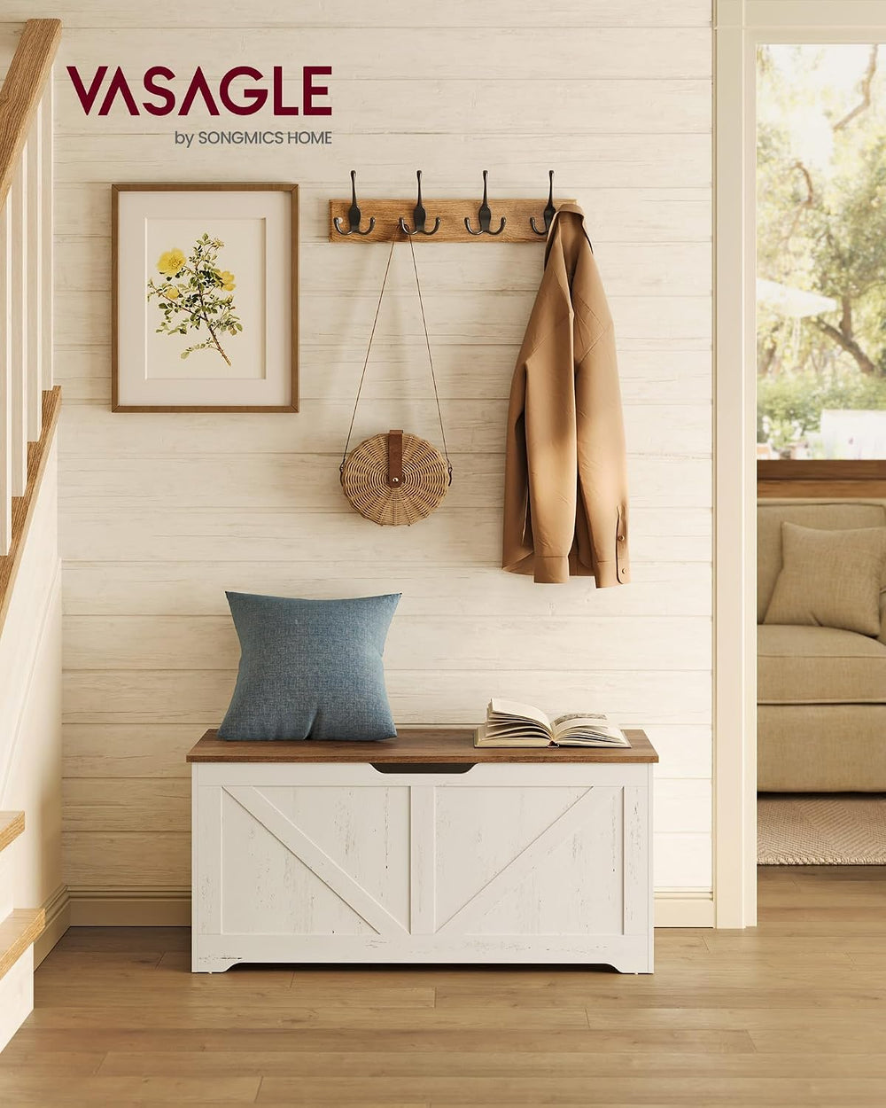 VASAGLE Storage Chest, Storage Bench with 2 Safety Hinges, Farmhouse Style, 1...