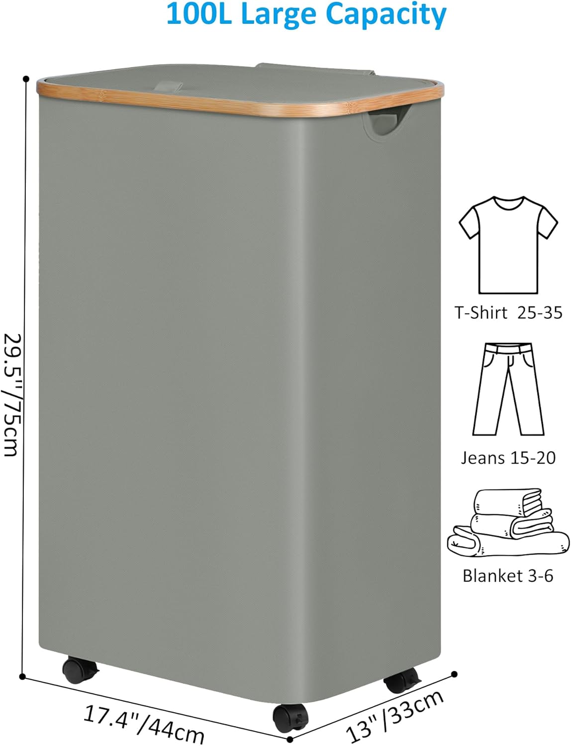 efluky Laundry Basket with Wheels, Tall Rolling Laundry Hamper with Lid and Removable Bag, Aesthetic Dirty Clothes Hamper on Wheels for Laundry Room, Bedroom, Dorm and Bathroom, 100L Grey