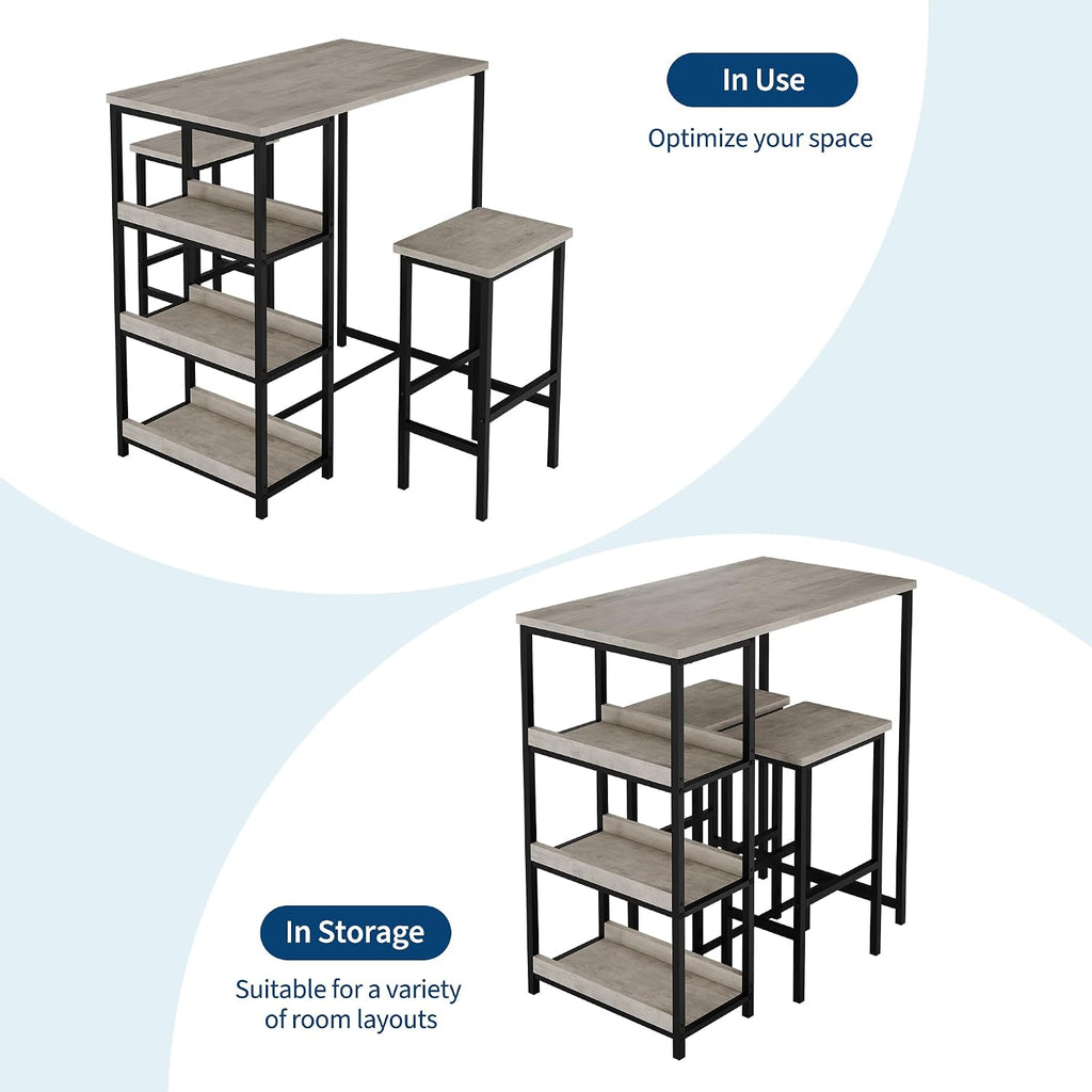 GarveeHome Dining Table Set for 2, Wood Table with Bar Stools | Kitchen Table with Storage Shelves for Small Spaces, Apartments, Condos, Grey