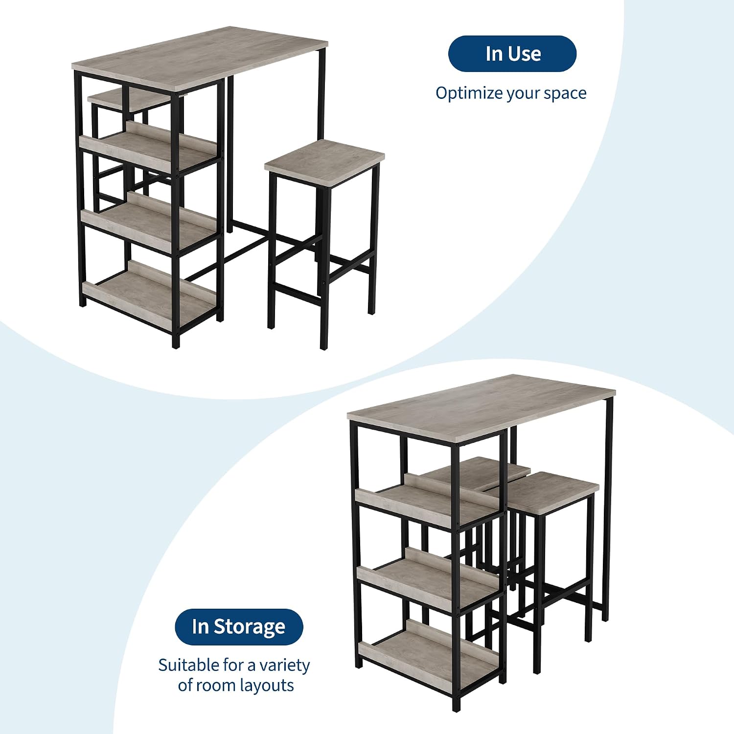 GarveeHome Dining Table Set for 2, Wood Table with Bar Stools | Kitchen Table with Storage Shelves for Small Spaces, Apartments, Condos, Grey