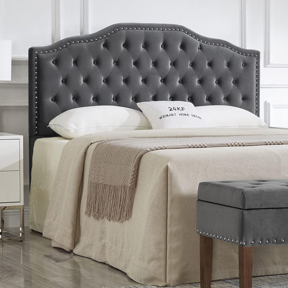 24KF Upholstered Button Tufted Queen/Full Size Headboard with Nailhead Trim, ...