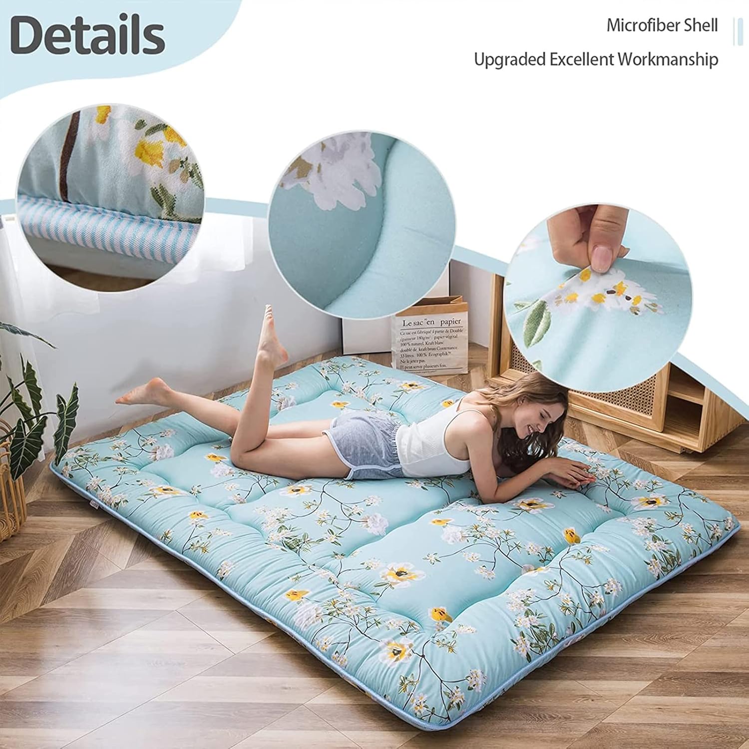 MAXYOYO Rustic Floral Korean Floor Mattress Japanese Futon, Foldable Roll Up Camping Lounger Couches and Sofas Mattress Topper Queen Size