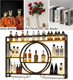 47.2” Wall Mounted Wine Rack with LED Light and Glass Holder | Industrial Metal Bar Shelf Wall Mounted Wine Rack for Kitchen, Bar, Dining Room (Black, 47.2inch/120cm)