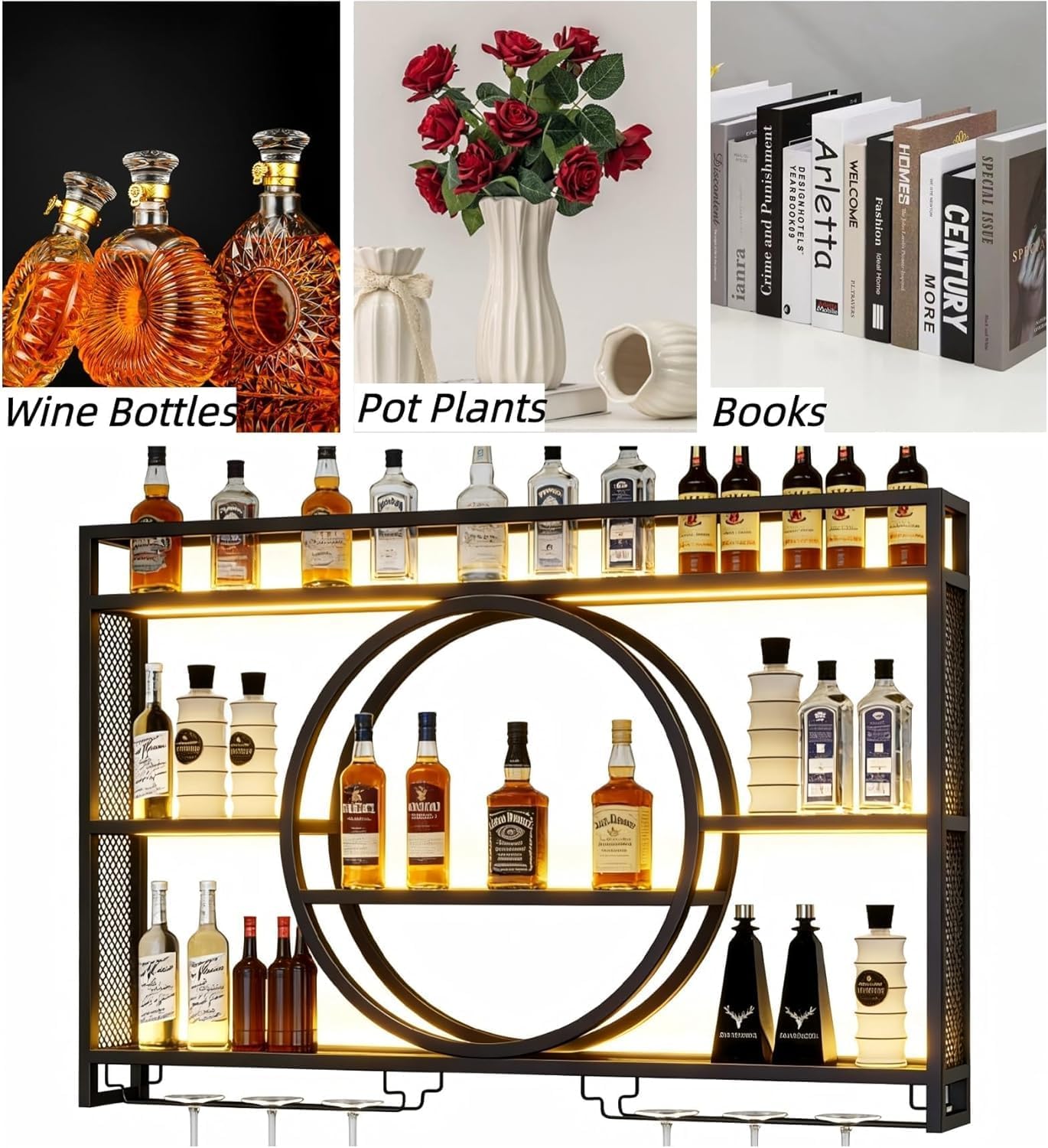 47.2” Wall Mounted Wine Rack with LED Light and Glass Holder | Industrial Metal Bar Shelf Wall Mounted Wine Rack for Kitchen, Bar, Dining Room (Black, 47.2inch/120cm)