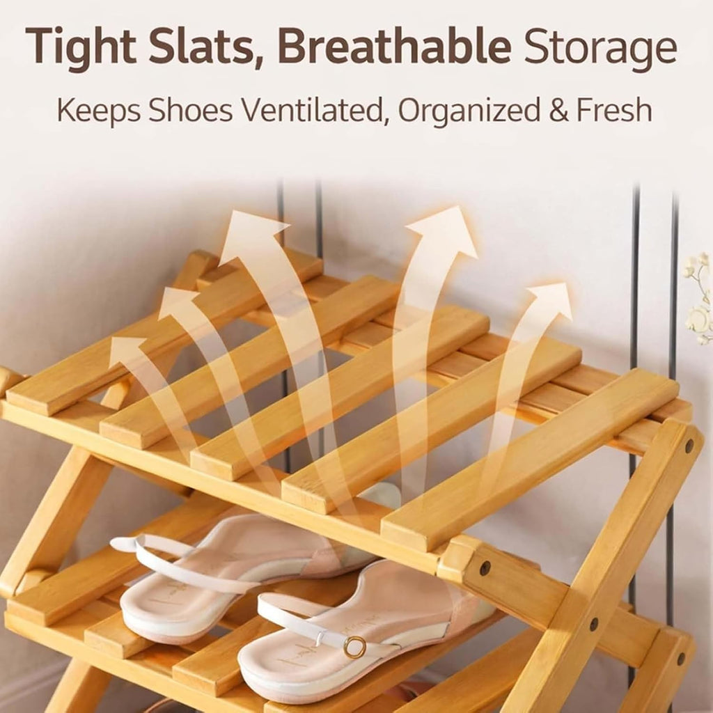 GDSAFS 2-9 Tier Bamboo Shoe Rack, 2026 New Sturdy Foldable Shoe Organizer, High-Capacity No-Assembly Vertical Storage with Anti-Slip Base for Hallway, Bedroom, Corner, Kids' Room (Brown,9 Layers)