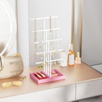 Love-KANKEI Jewelry Organizer Stand, 5 Tier Large Necklace Holder with Wood Base, Jewelry holder stand Tree for Display, Bracelets Earrings Rings, Height Adjustable Gift Pink and White