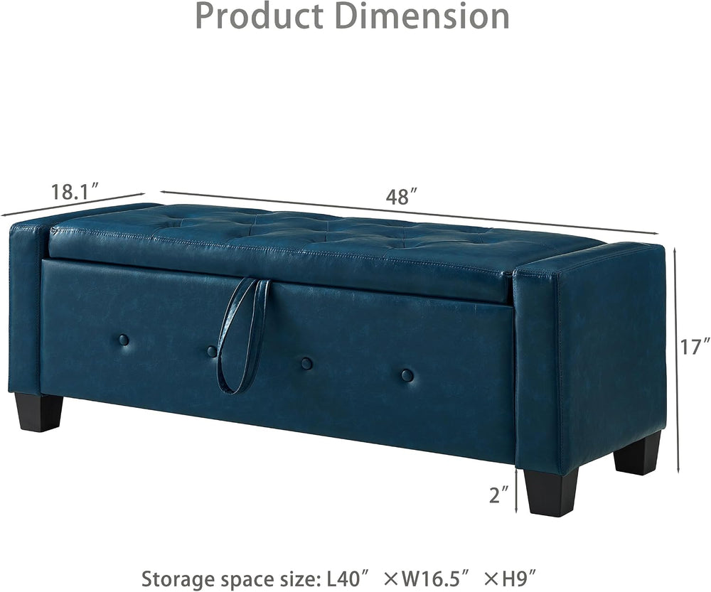 48" Storage Ottoman Bench, Blue | Faux Leather, Lift Top, For Living Roo...