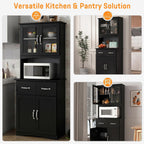 67" Kitchen Pantry Cabinet with Glass Doors & Drawers | Adjustable Shelves, Anti-Tip Safety, Space-Saving for Small Kitchens, Easy-Clean, Perfect Microwave Stand Or Coffee Bar