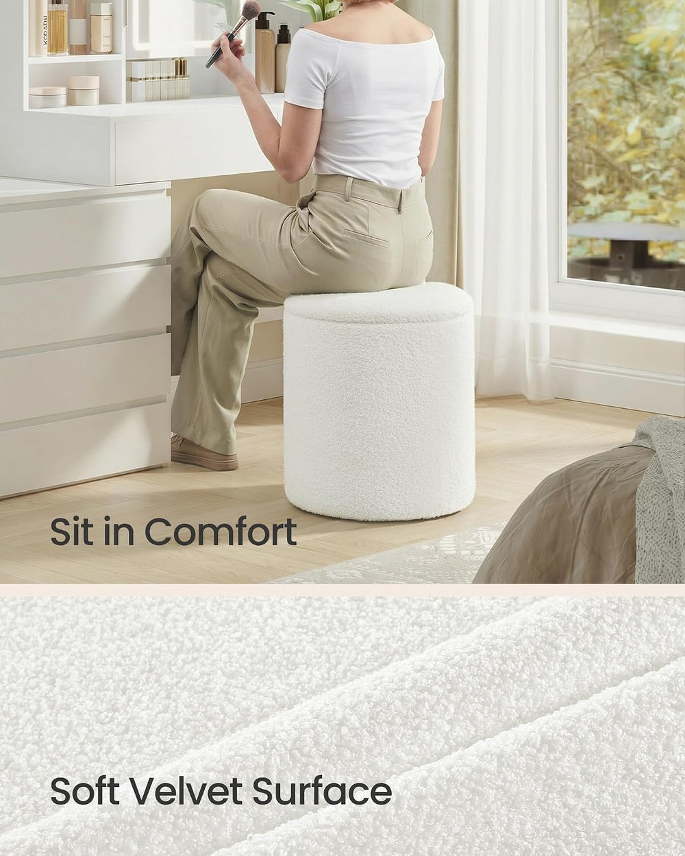 SONGMICS Vanity Stool, Set of 2, Round Storage Ottoman, Teddy Fleece | Small ...