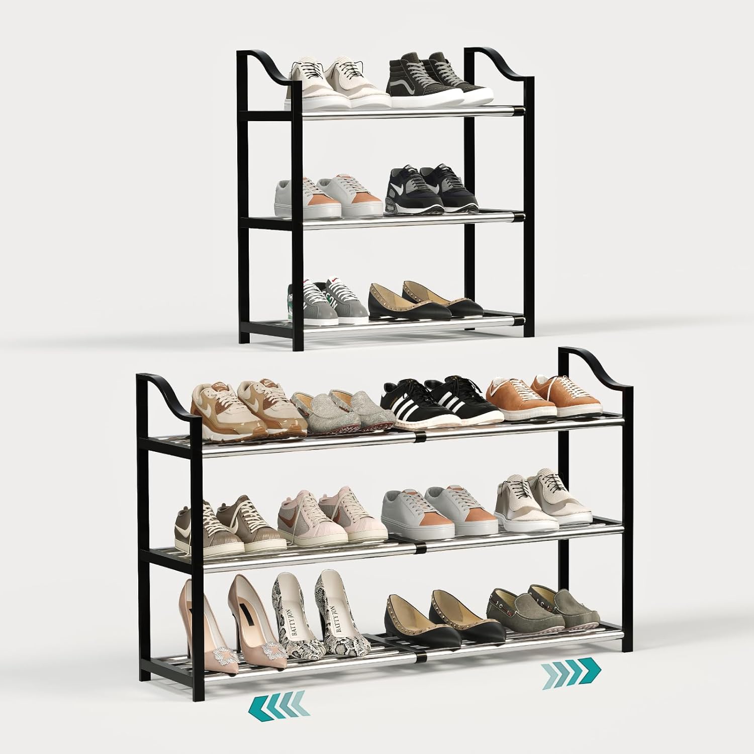 3-Tier Shoe Rack Expandable Shoe Rack for Closet Small Shoe Storage Rack for Entryway Adjustable Shoe Shelf for Small Space, Metal Shoe Organizer for Garage, Front Door Entrance