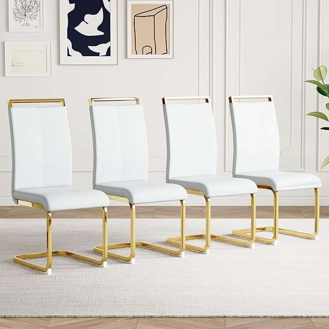 AZmac Modern Leather Dining Chairs Set of 4,Armless Kitchen Chairs,Dinning Room Chair with Upholstered Padded Seat and Sturdy Gold Legs for Dining Room,Kitchen (Set of 4, White-Gold Leg)