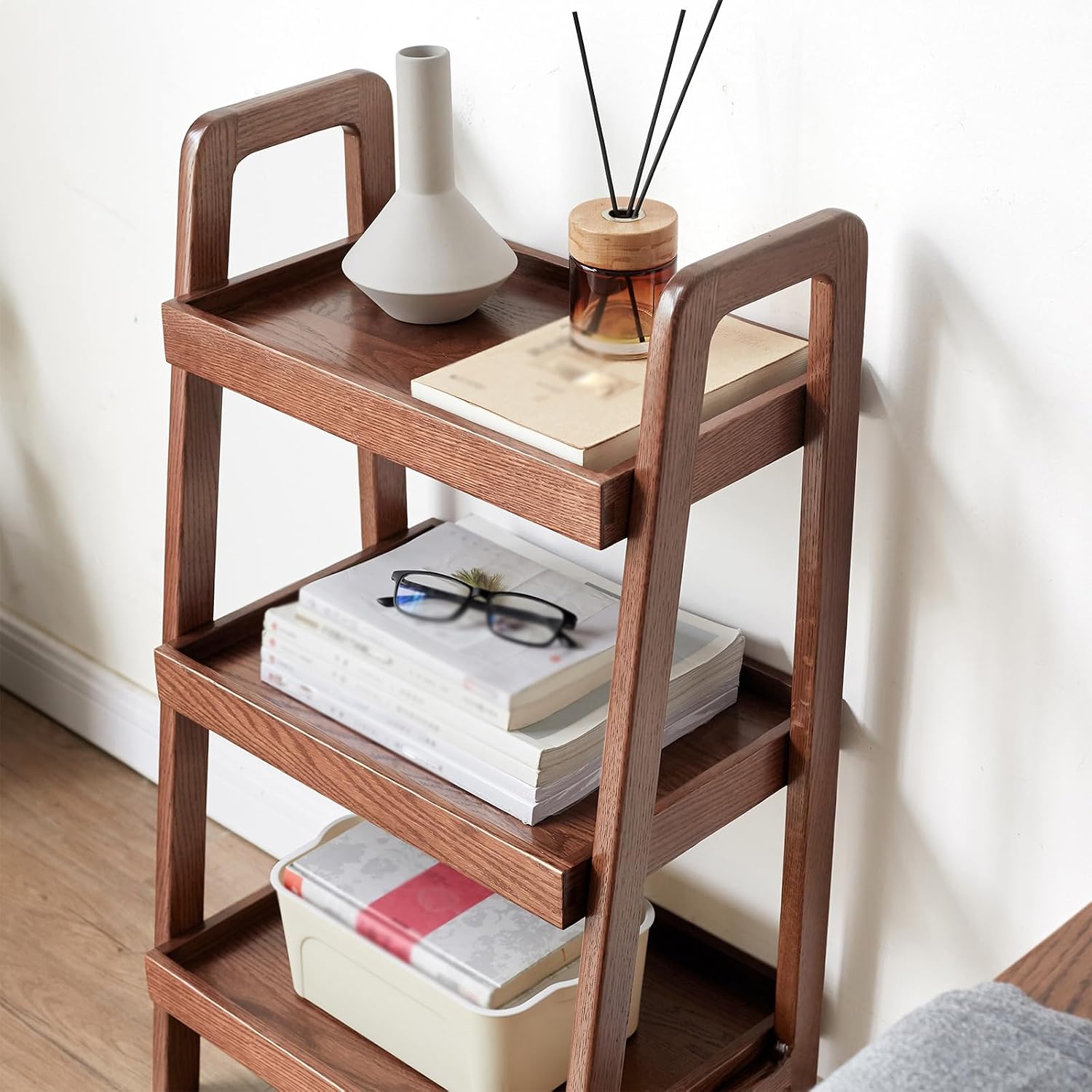 Solid Oak 3-Tier Ladder Shelf, Small Bookshelf with Anti-Dropping Guardrails, Free Standing A-Frame Wood Storage Organizer & Plant Stand for Living Room, Bedroom, Small Spaces (Walnut)