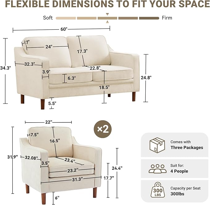 Kingfun Living Room Furniture Sets, 2 Armchair and Loveseat, Mid Century Modern Sofa Set, Chenille Couch with Solid Wood Frame for Living Room & Bedroom, Beige