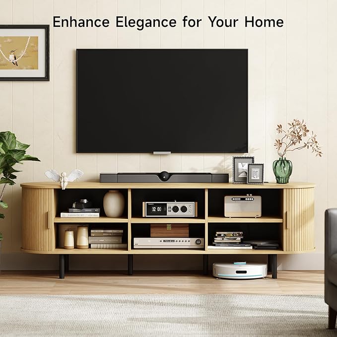 ONBRILL 70.8" TV Stand with Power Outlet for TVs up to 75 Inch, Entertainment Center with Storage and Adjustable Shelves, Modern Media Console with Sliding Doors for Living Room, Oak