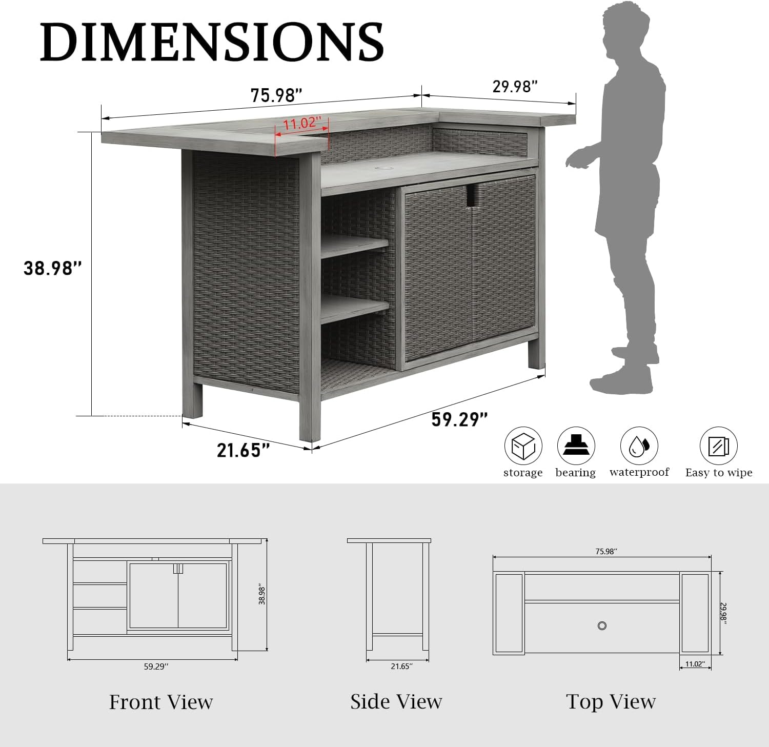 Domi Outdoor Home Bar Unit, All-Weather Wicker & Aluminum Frame Farmhouse Bar Furniture with Storage, Waterproof Rattan Buffet Table with Shelves and Cabinet, Easy-to-Clean for Patio Kitchen
