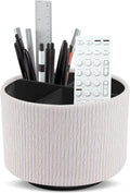 Round Leather Art Supply Organizer,Remote Control Holder,360 Degree Spinning,Multi-Functional Pencil Holder,4 Compartments Desktop Stationary Organizer(1-Wood Beige)