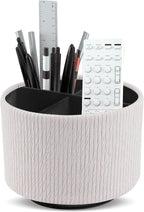 Round Leather Art Supply Organizer,Remote Control Holder,360 Degree Spinning,Multi-Functional Pencil Holder,4 Compartments Desktop Stationary Organizer(1-Wood Beige)