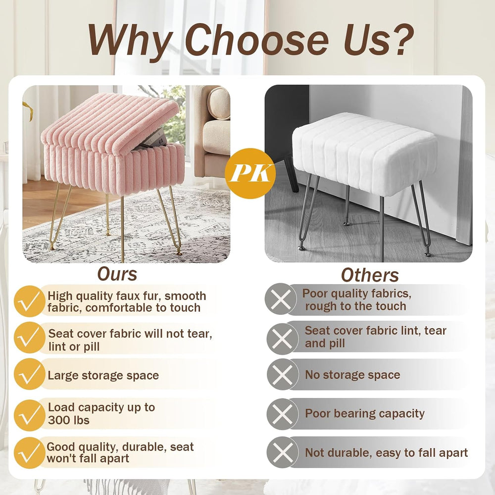 EBENCHICO Vanity Stool Chair with Storage, Faux Fur Stools for Vanity | Makeu...