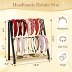 Headband Holder Organizer Metal 2-Tier Display Stand for Selling, Home Bedroom Headband Storage for Girls Women, Headband Stand Wood Base Can Store Hair Ties, Black