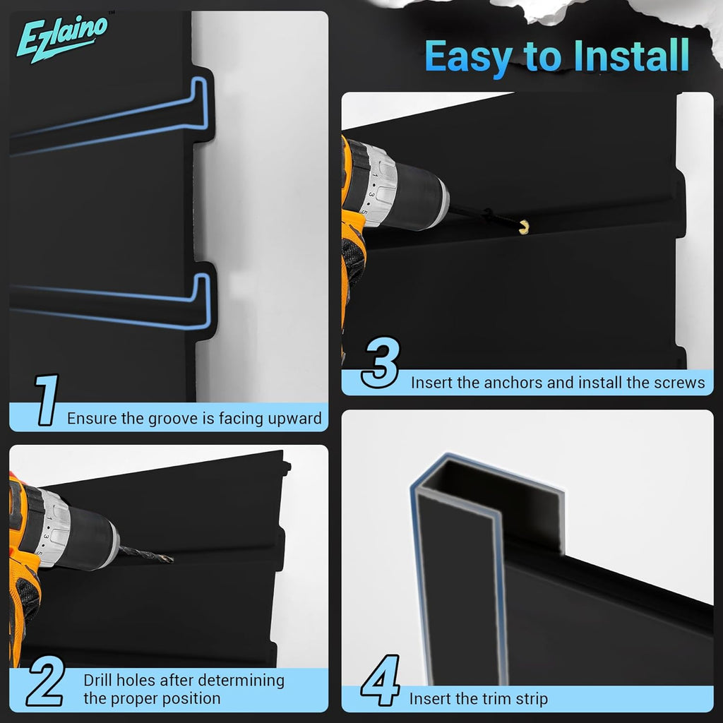 Ezlaino Slat Wall 4FT x 4FT, Versatile PVC Slatwall Paneling w/Long-Lasting Durability, Easy to Clean, Fits Most Slatwall Accessories, Ideal Organizer for Garage, Home & Store Storage, Black