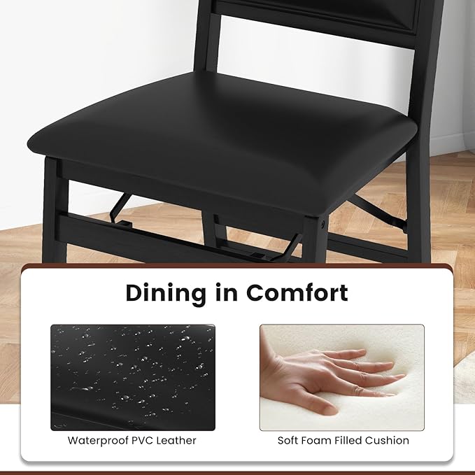Giantex Folding Dining Chairs Set of 2, Black Wood Kitchen Chair w/Padded Seat, Solid Wood Frame, Max Load 400 Lbs, No Assembly, Easy to Store Foldable Wooden Dining Chairs for Apartment, Small Space