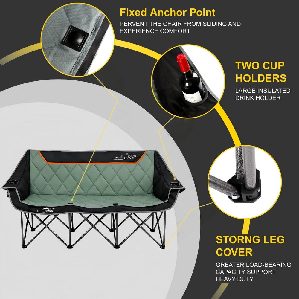 FAIR WIND Oversized 3 Person Camping Chair Padded Triple Loveseat Folding Cam...