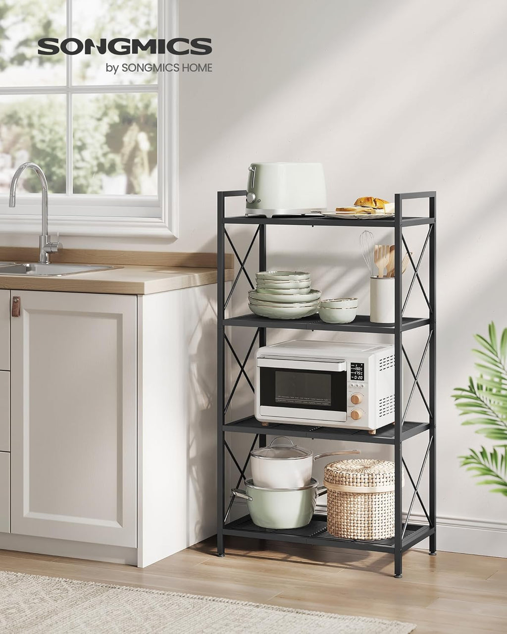 SONGMICS 4-Tier Metal Storage Rack, Shelving Unit with X Side Frames, Dense Mesh, 12.6 x 23.6 x 44.3 Inches, for Entryway, Kitchen, Living Room, Bathroom, Industrial Style, Ink Black UBSC164B01
