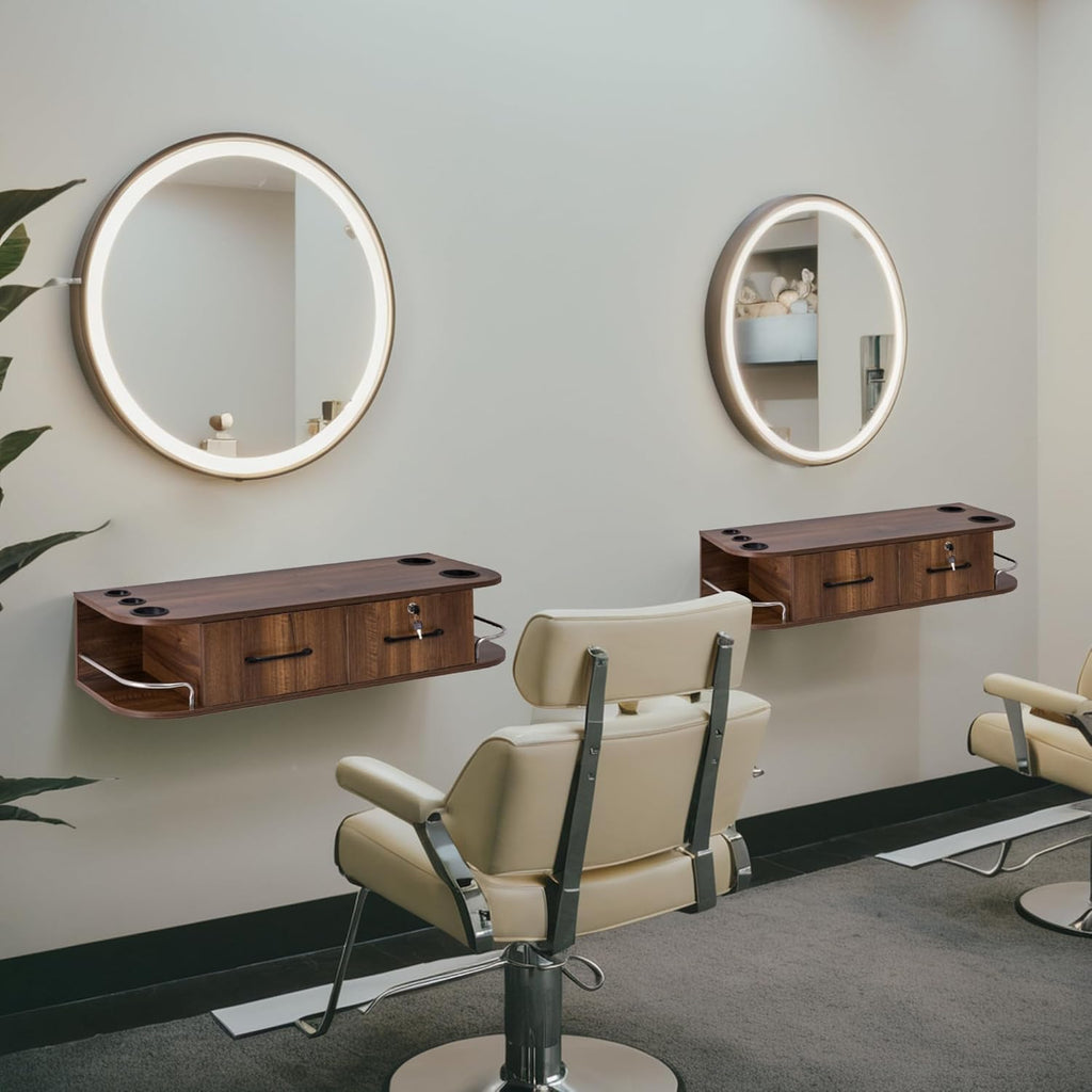 BarberPub Beauty Locking Wall Mount Styling Station, Barber Salon Station with Hair Dryer Holders, Spa Storage Floating Equipment with 2 Drawers 5012 (Brown)